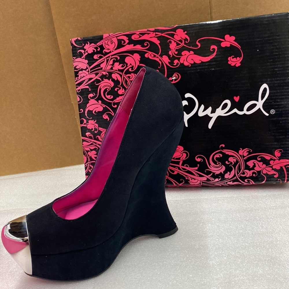 Cupid Black Suede Wedge Peep Toe Pumps - Pink Interior